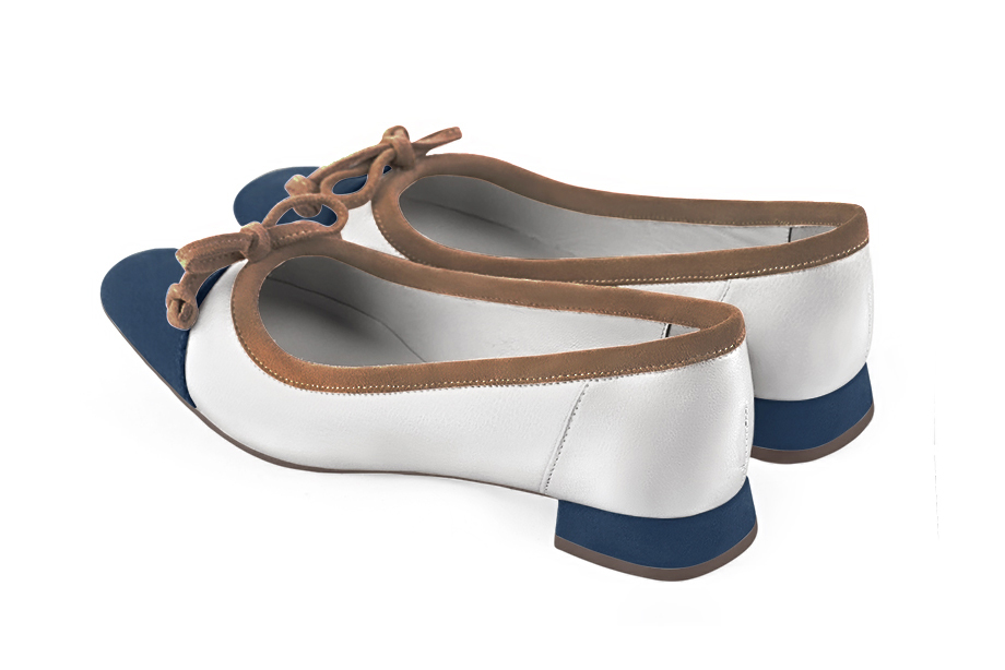 Navy blue, light silver and chocolate brown women's ballet pumps, with low heels. Square toe. Flat flare heels. Rear view - Florence KOOIJMAN